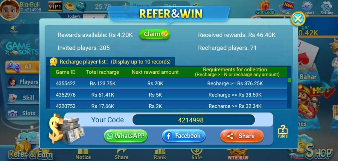 3Patti Blue Share & Earn rewards
